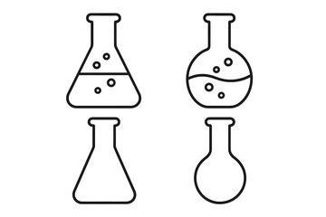 Set of laboratory flask icons. Erlenmeyer and round-bottom flask with liquid and bubbles. Chemistry science experiment symbol. Vector line art for research and education.