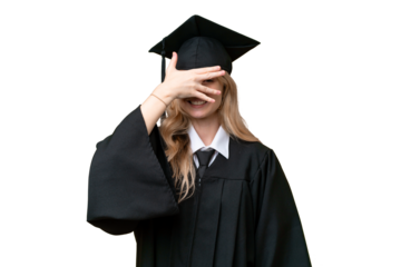 Young university English graduate woman over isolated background covering eyes by hands and smiling