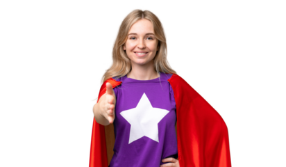 Young English woman over isolated background in superhero costume and making a deal