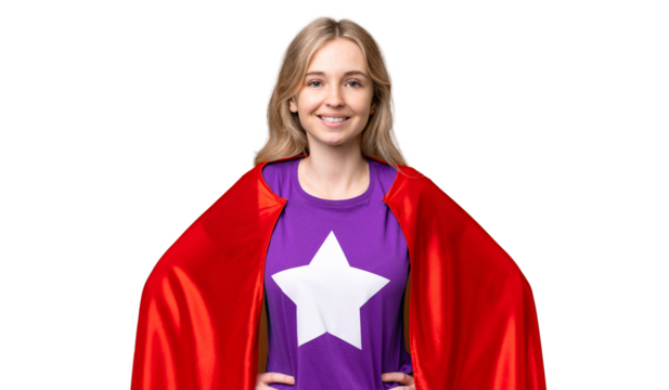 Young English woman over isolated background in superhero costume posing with arms at hip and smiling