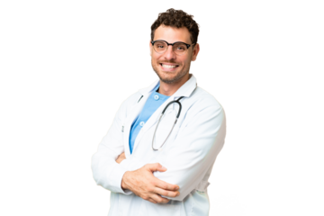 Brazilian doctor man over isolated chroma key background with arms crossed and looking forward