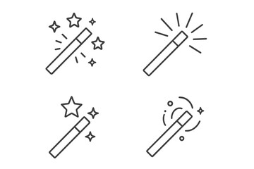 Naklejka premium Magic wand icons set, thin line editable stroke vector collection for web design, apps, books, cards, and digital projects, cartoon style transparent background effects