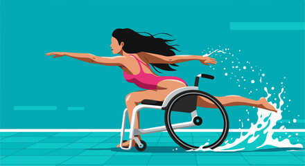 Disabled woman swimming in pool with wheelchair in illustration for inclusion concept. Disabled woman exercises for physical therapy and recreational fitness.