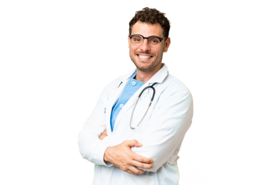 Brazilian doctor man over isolated chroma key background with arms crossed and looking forward