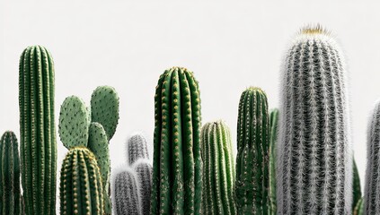 Variety of desert cacti in a row against a white background.  Sharp, vibrant green and gray-green spines and textures.  Close-up view