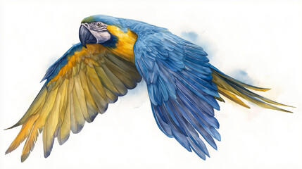Obraz premium A blue and yellow macaw is flying with its wings spread wide, showcasing its vibrant plumage.