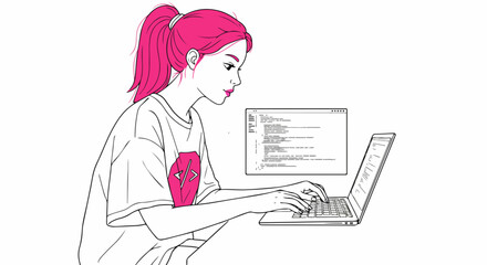 Young woman using laptop for coding, demonstrating software development and writing code. Software development includes modern tech for web development and programming.