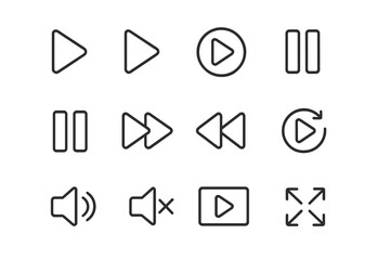 Media player control icon set. Vector line icons for video and audio. Play, pause, stop, forward, rewind, volume, and fullscreen buttons for UI UX web and app design.