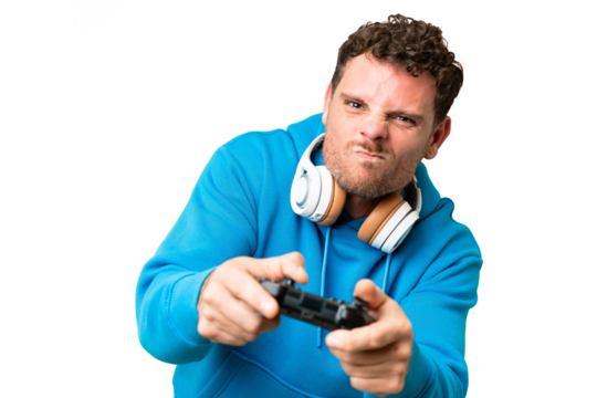 Brazilian man playing with a video game controller over isolated chroma key background - Powered by Adobe