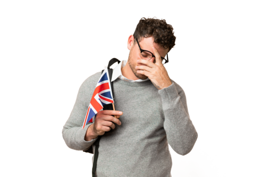Brazilian man holding an United Kingdom flag over isolated chroma key background with tired and sick expression