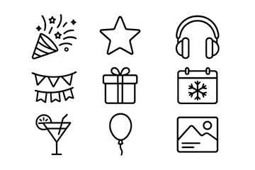 Party and Holiday Celebration Icon Bundle with Headphones, Postcards, Gifts, Balloons, and Festive Decorations, Editable Stroke Minimalistic Line Art for Cards, Apps, and Social Media Design