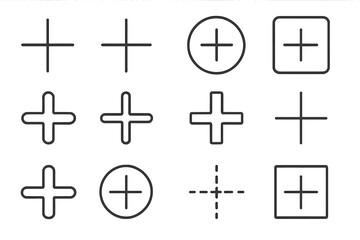 Plus sign line icon collection. Add button symbol set for web and graphic design. Simple outline cross for mobile app interface. Vector positive, more, new, create pictogram.
