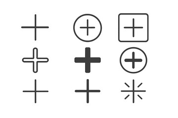 Plus sign icon set. Collection of add, more, and positive symbols. Vector outline, linear, and glyph style crosses for web, mobile app, UI, and UX interface design.