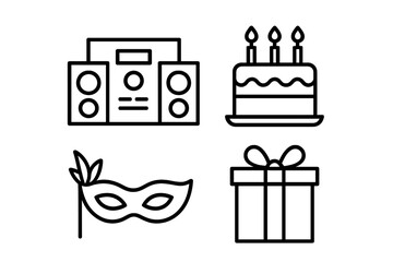 Party line icon collection with modern linear design for websites, apps, cards. Includes musical center, birthday cake with candles, masquerade mask, gift box, celebration symbols
