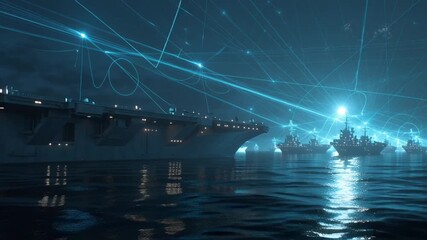 Aircraft carrier night, destroyers sailing glowing neon blue digital holographic signals night sky, advanced battlefield communication visualization, cinematic reflective dark ocean, futuristic sci-fi - Powered by Adobe