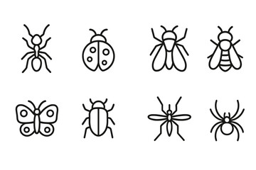 Insect and bug simple line icon collection. Vector set with ant, ladybug, fly, bee, butterfly, beetle, mosquito, spider. Minimalist outline icons with editable stroke.