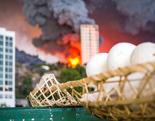 Basket of eggs amidst a fiery cityscape