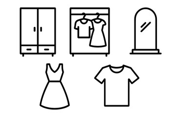 Fototapeta premium Set of Minimalist Line Icons Featuring Closet, Wardrobe, Mirror, Dress, T-Shirt - Editable Stroke Vector for App Design, Web Banners, Cards, and Social Media Posts
