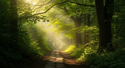 Obraz premium Sunlight Path Through Lush Forest.