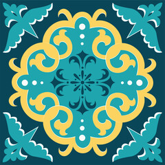 Green and Yellow Floral Retro Beautiful Textile Ceramic Tiles Vector Design