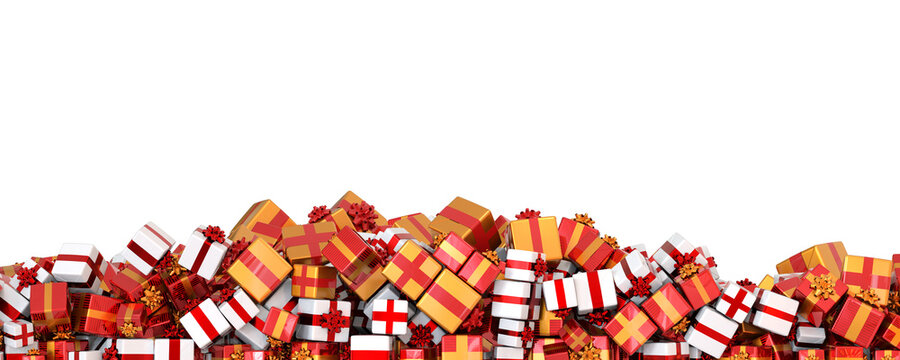 tas de paquets cadeaux empil&eacute;s pour No&euml;l sur le bas de l'image - fond transparent - rendu 3D