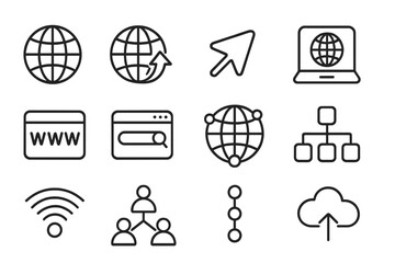 Set of internet line icons for web and mobile. Network, connection, data, cloud, wifi, browser, and search symbols. Outline vector collection for UI, UX, website, and app design.