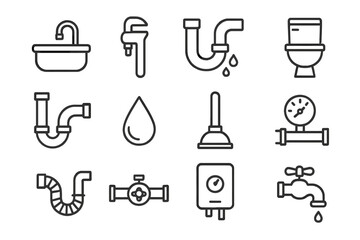 Plumbing Outline Icons Collection with Editable Stroke, Vector Cartoon Illustrations for Infographics, Articles, Books, Flyers, and Banners, Transparent Background