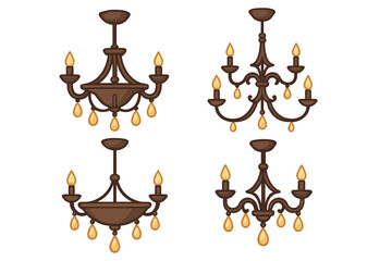 Set of vintage chandeliers. Classic brown ceiling lamps with crystal drops. Elegant retro lighting fixtures for interior design. Luxury home decor vector illustration collection.