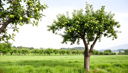 Fototapeta premium Lush green orchard with rows of apple trees under a bright sky.