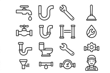 Obraz premium Plumbing Outline Icon Collection with Editable Stroke for Infographics, Articles, Books, Flyers, and Banners, Vector Cartoon Style Tools, Pipes, Faucet, Toilet, Pipe Repair Symbols