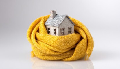 A small, light-beige house figurine nestled within a warm, bright-yellow knitted scarf