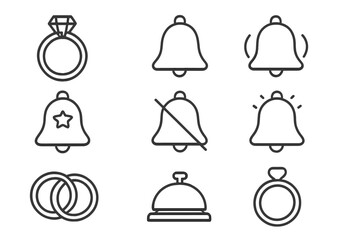 Ring and Bell Outline Icon Set, Editable Stroke Vector Collection, Cartoon Style, Ideal for Infographics, Articles, Books, Flyers, Banners, and Digital Design Elements