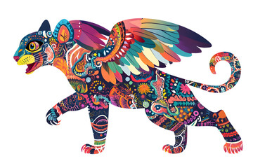Vector illustration of a colorful, winged alebrije fantasy creature, puma. Isolated