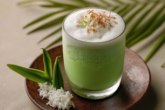 pandan coconut drink, with frothy topping served, with palm leaves