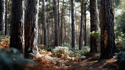 A tranquil forest scene, showcasing tall pine trees and dappled sunlight filtering through the canopy.