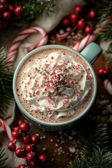 peppermint mocha with whipped cream, sprinkled candy cane pieces, festive holiday setting