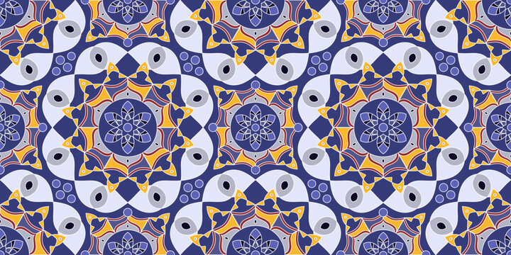 Seamless pattern with traditional Indian floral ornament for fabric swatch or wrapping paper. Vector abstract kaleidoscopic background