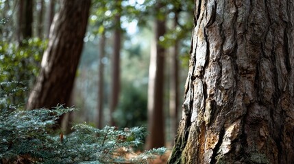 Obraz premium Close-up of a textured tree trunk in a tranquil forest setting, with soft-focus background.