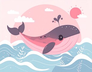 Naklejka premium Cute whale in pastel ocean