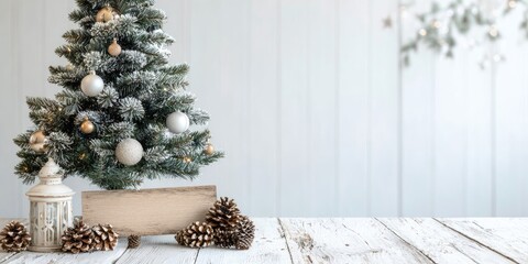 Festive Christmas tree vignette on a white wooden table, featuring silver and gold ornaments, pine cones, and a rustic sign