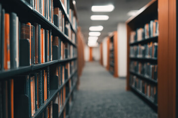 A quiet library corridor lined with bookshelves, showcasing rows of colorful books and a soft, inviting atmosphere.