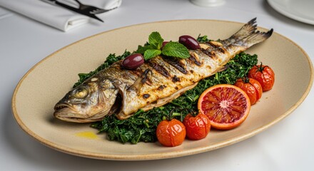Exquisite grilled fish served with vibrant kale tomatoes citrus and olives on a stylish plate