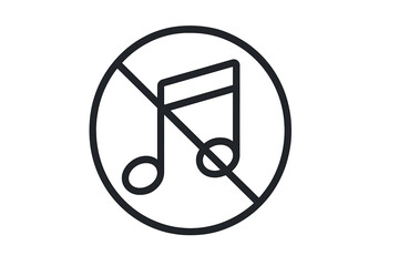 No music vector icon. Sound off symbol. Music note in a prohibition circle. Keep quiet sign. Mute button pictogram for user interface. No loud sounds. Silent zone concept.