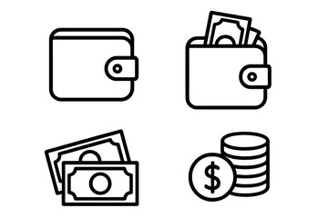 Fototapeta premium Wallet and Money Line Icon Collection, Editable Stroke, Vector Cartoon Illustration, Cash and Coins Symbols for Infographics, Articles, Books, Flyers, Banners, Finance Concept