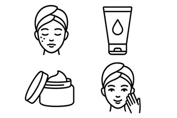 Skincare routine line icon set. Woman face with acne and applying cream. Beauty cosmetic product, moisturizer tube and jar. Vector outline illustration for dermatology concept.