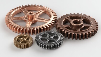 Close-up of multiple gears in various metallic tones