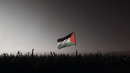Free Palestine concept image Dramatic silhouette of a crowd raising the Palestinian flag against a moody sky, symbolizing unity, hope, and resilience with bold colors and striking contrast - Powered by Adobe
