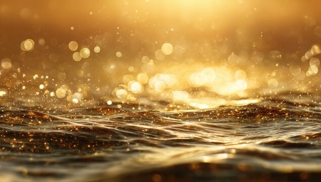 Golden water surface, sunlit ripples, sparkling bokeh