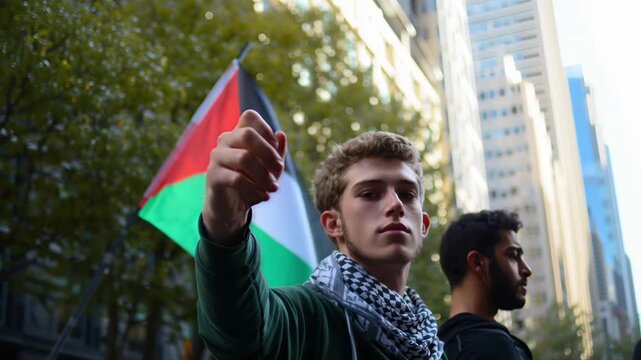 Free Palestine concept image Urban protest scene with Palestinian flag and peace sign, vibrant colors and strong symbolism highlighting solidarity, freedom, and cultural identity in a city environment