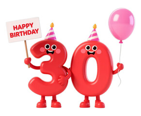 Obraz premium Red 3D Number 30 with Party Hats, Happy Birthday Sign, on Transparent Background, Celebration Graphic
